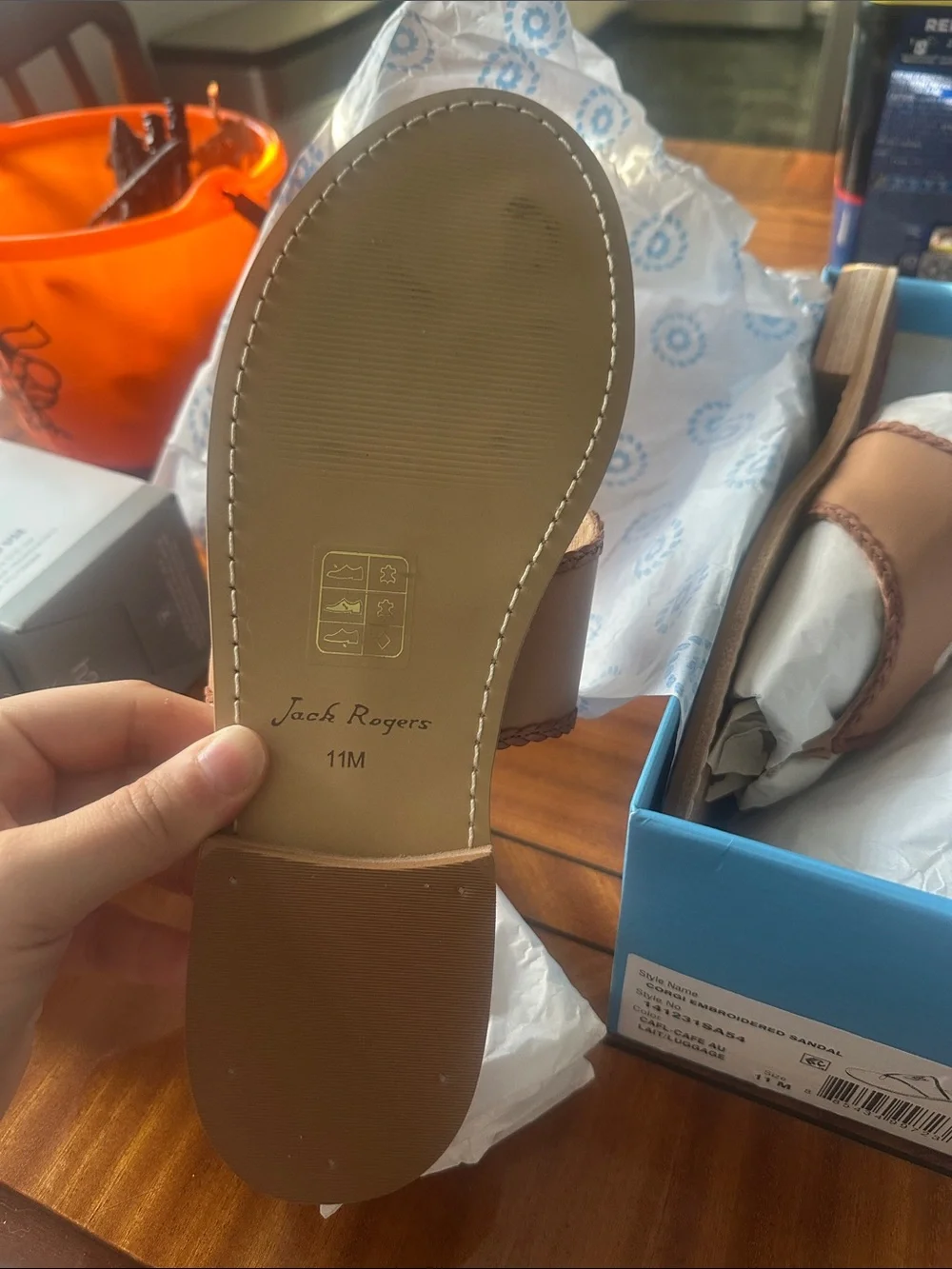 Jack Rogers Tan Leather Corgi Embroidered Thong Sandals